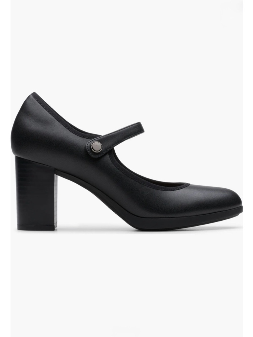 Clark’s Black Bayla Lily Round Leather Mary Jane Block Heel Pump - Picture 2 of 6